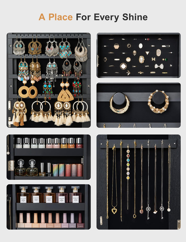 Jewelry Cabinet Armoire, 2 Drawers, Full Length Mirror, Black