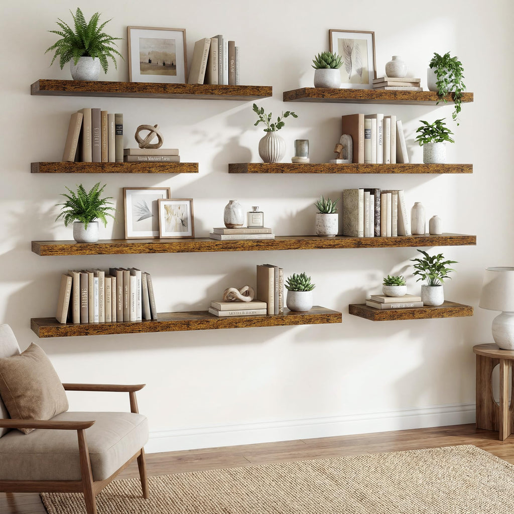 36 Inch Black Floating Shelves for Wall, 9.3" Deep Long Floating Shelf Set of 2, Wood Wall Mounted Shelves Farmhouse