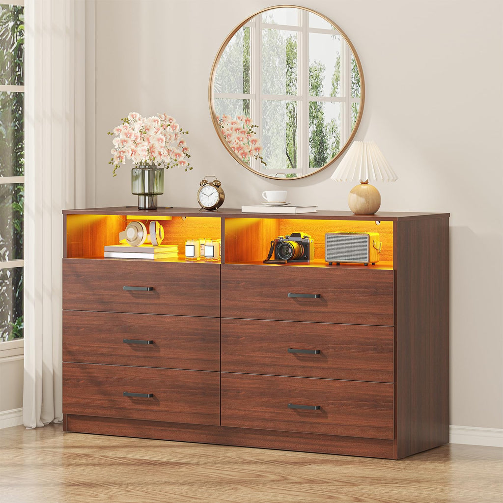 Dresser, 6 Drawer Dresser with Charging Station and Led Light, Modern Chest of Drawers (Walnut Brown)