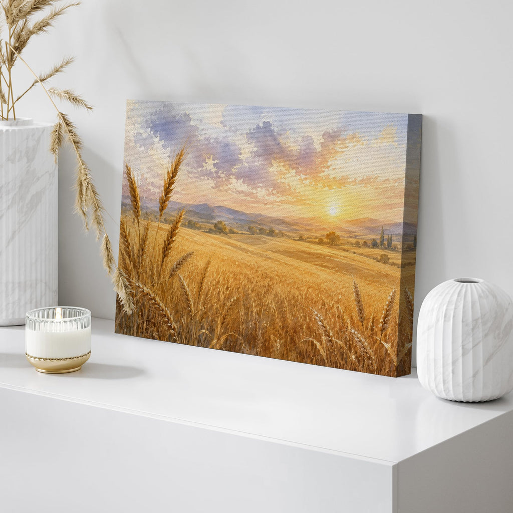 Canvas Print Wall Art Sunset Wheat Field Watercolor Photography Realism Chic Multicolor - 16"x24"