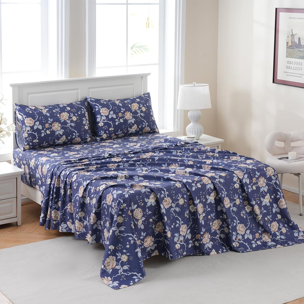 Navy Blue Floral Bed Sheets Set - King Size Percale Cotton Shabby Rustic Peony Flower Print Dark Bed Sheets - Soft