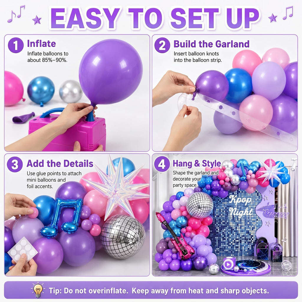 Kpop Music Balloon Garland Arch Kit, Pastel Hot Pink Metallic Blue Purple Silver Balloons Disco Ball Guitar Music