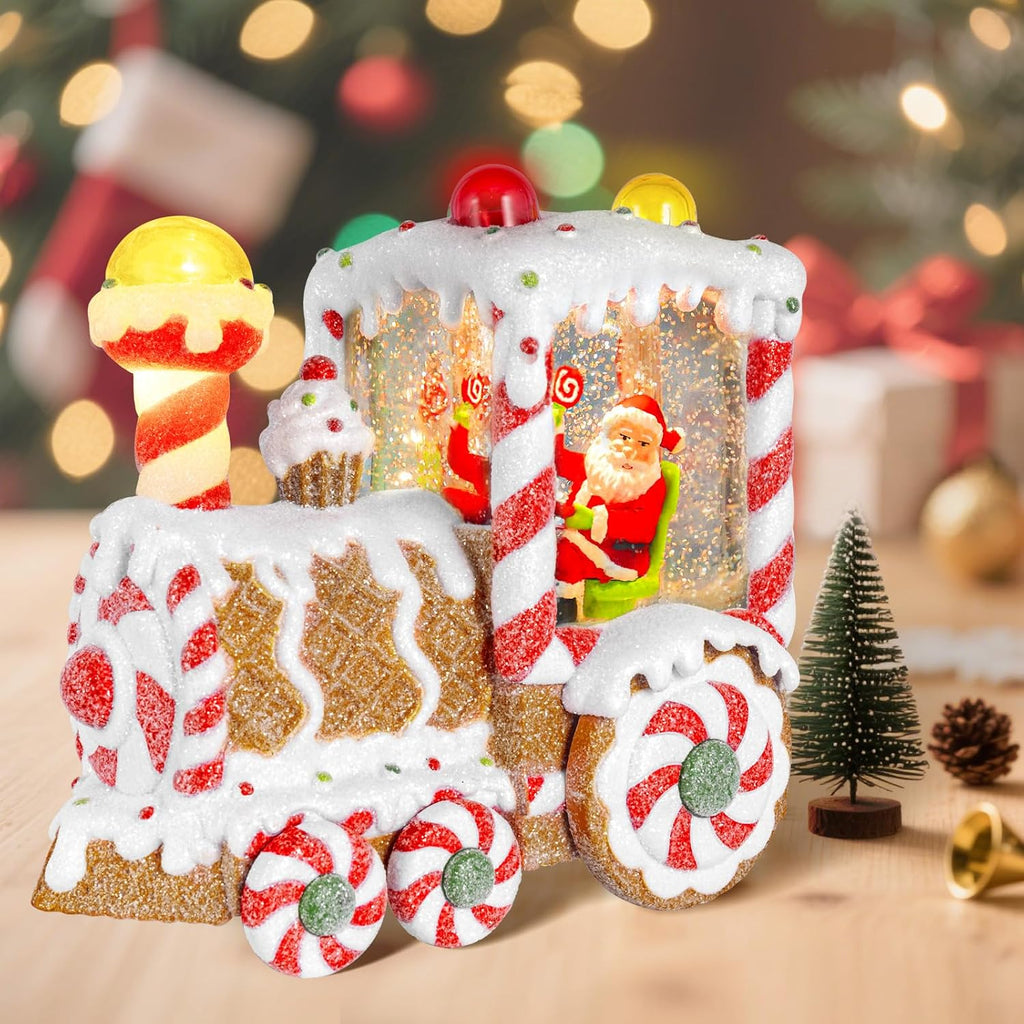 Christmas Snow Globes Dessert Train Water Glittering Lantern with 6H Timer Function Santa Snow Globe Christmas 3 AA