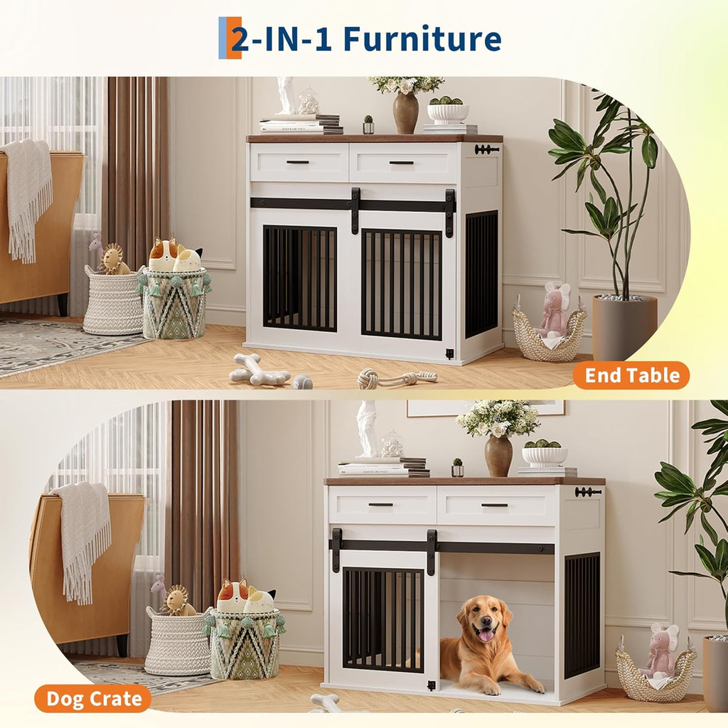 Large Dog Crate Furniture with 2 Storage Drawers, Heavy Duty Wooden Pet Kennel with Sliding Barn Door & Hook, Dog