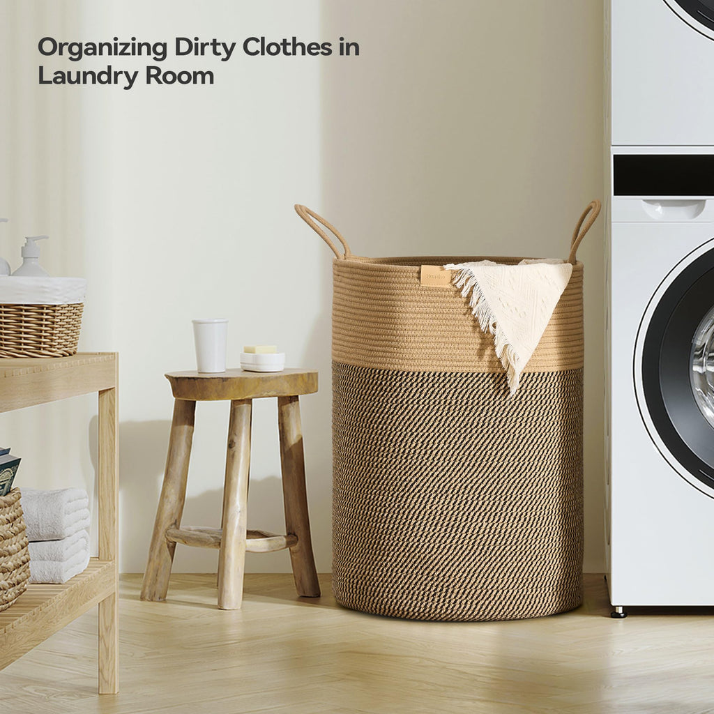 Tall Laundry Basket Hamper 95L, Cotton Rope Storage Hamper with Reinforced Handles, Decorative Blanket & Toy Basket