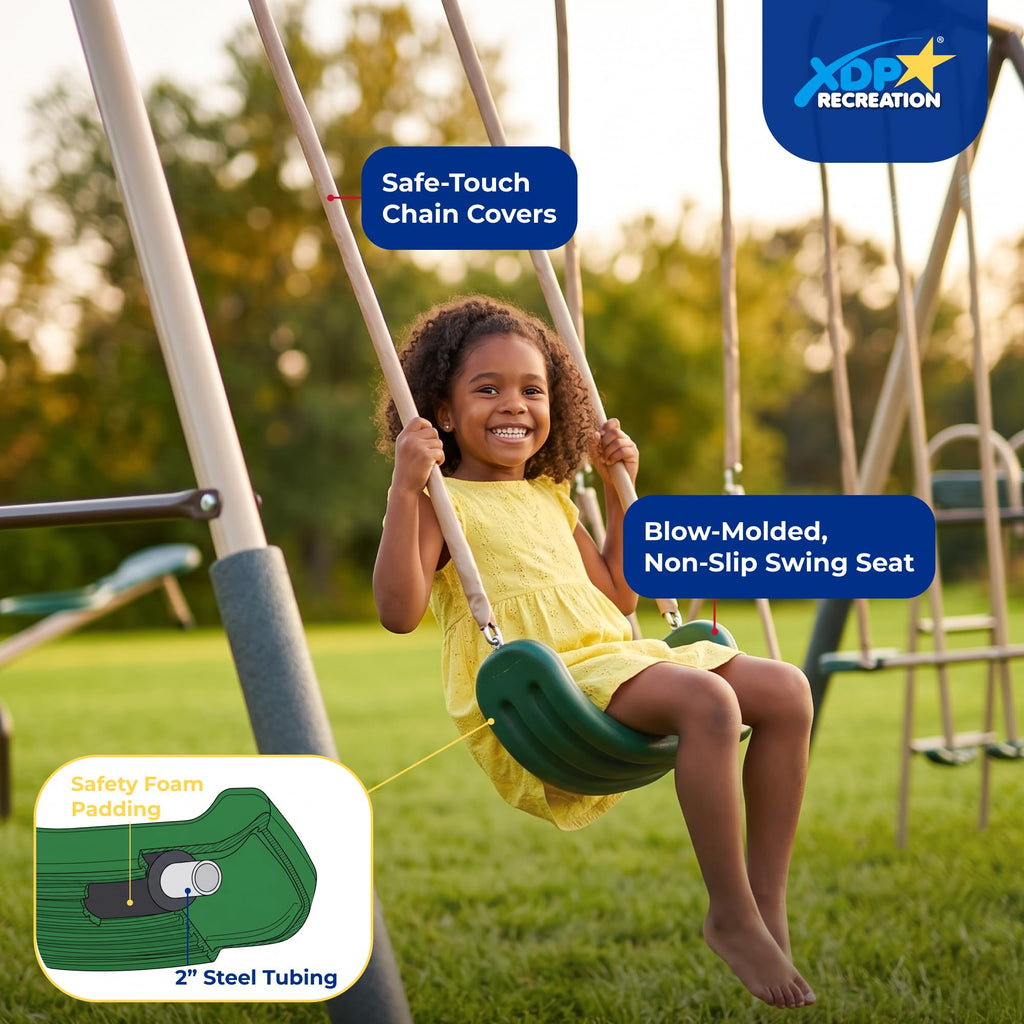 Crestview Metal Swing Set with 2 Swings & Slide, Green/Tan