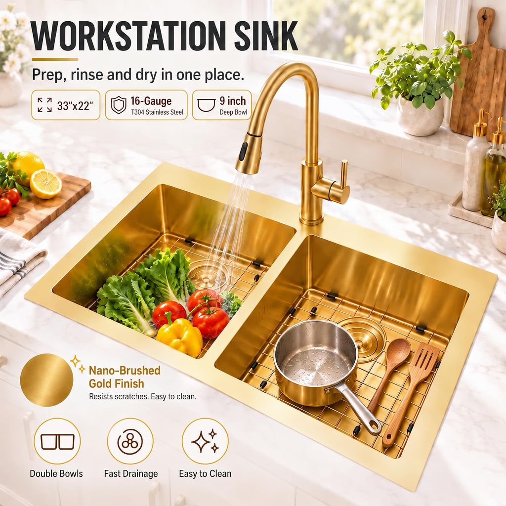 33"x22" Gold Drop in Double Bowls Kitchen Sink, 33 inch Kitchen Sink