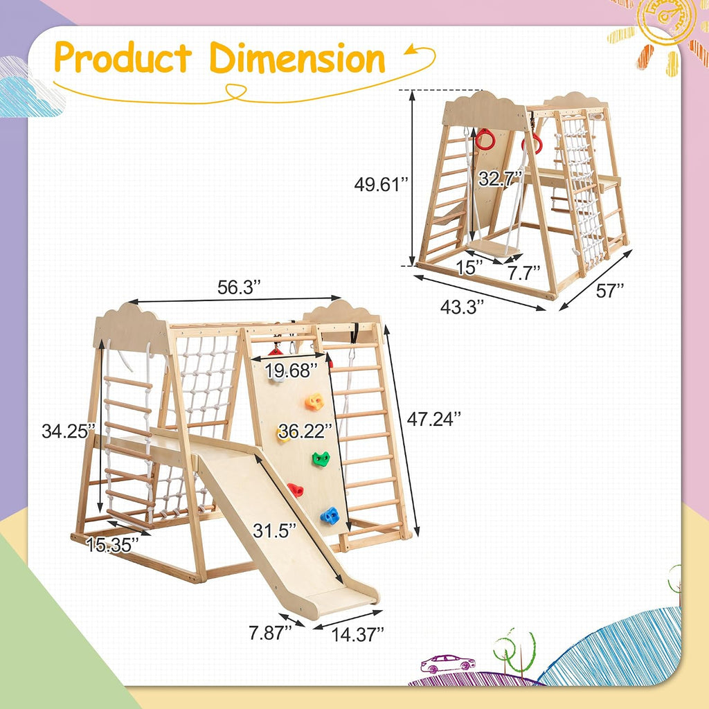 In-1 Wooden Indoor Jungle Gym for Toddlers, Montessori Climbing Playset with Slide, Swing, Climbing Net, Rings