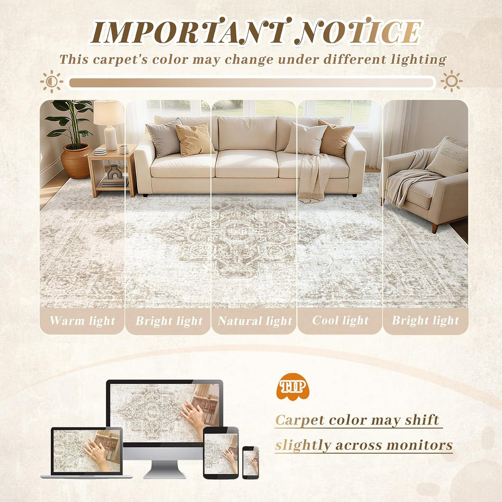 5x7 Area Rugs, Washable Vintage Boho Neutral Medallion Rug Non Slip Low Pile Floor Carpet Nursery Dining Room