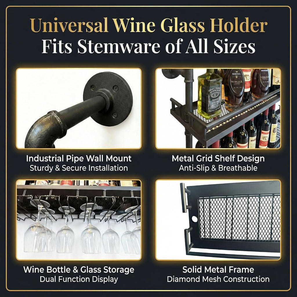 48 Inch Industrial Pipe Wine Rack Wall Mounted with LED Light | 2 Tier Floating Bar Shelves Wine Bottle Display Shelf