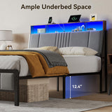 Full Bed Frame with Ergonomic Headboard, Upholstered Metal Platform Bed Full with 2-Tier Storage, Charging Station