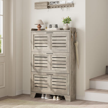 Shoe Storage Cabinet with 3 Flip Drawers, Freestanding Shoe Organizer Storage with 2 Side Hooks, Farmhouse Hidden