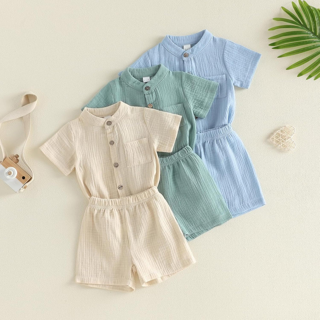 Toddler Baby Boy Shorts Set Summer Clothes Cotton Linen Short Sleeve Button-up Shirt and Shorts Spring Outfit