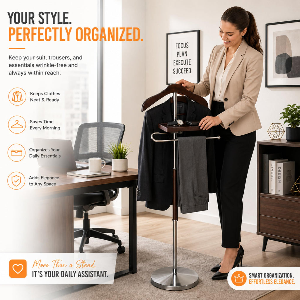 Brown Wooden Suit Valet Stand with Hanger Trouser Bar Storage Tray Elegant Clothes Organizer Closet Space Saving