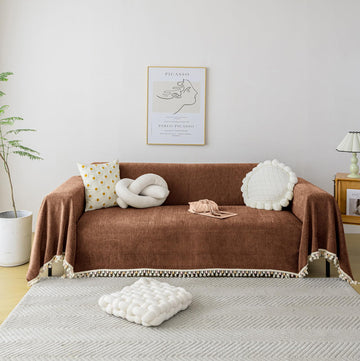 Boho Style Sofa Cover with Tassels, Washable & Non-Slip Couch Cover for 3 Cushion Sofa, Herringbone Pattern