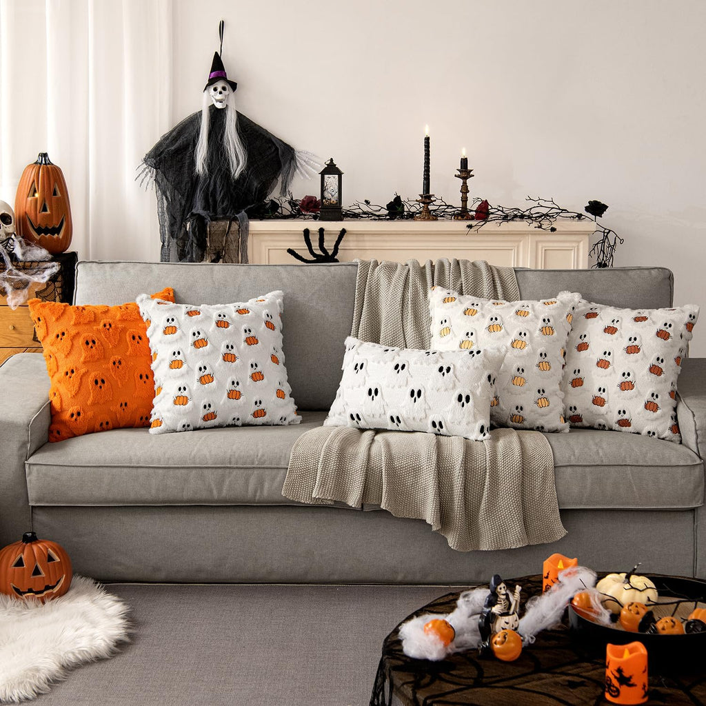 Halloween Pillow Covers Decorative Fall Cute Ghost Plush Faux Fur Pillows 18x18 Inch Soft Pumpkin Accents - Set of 2