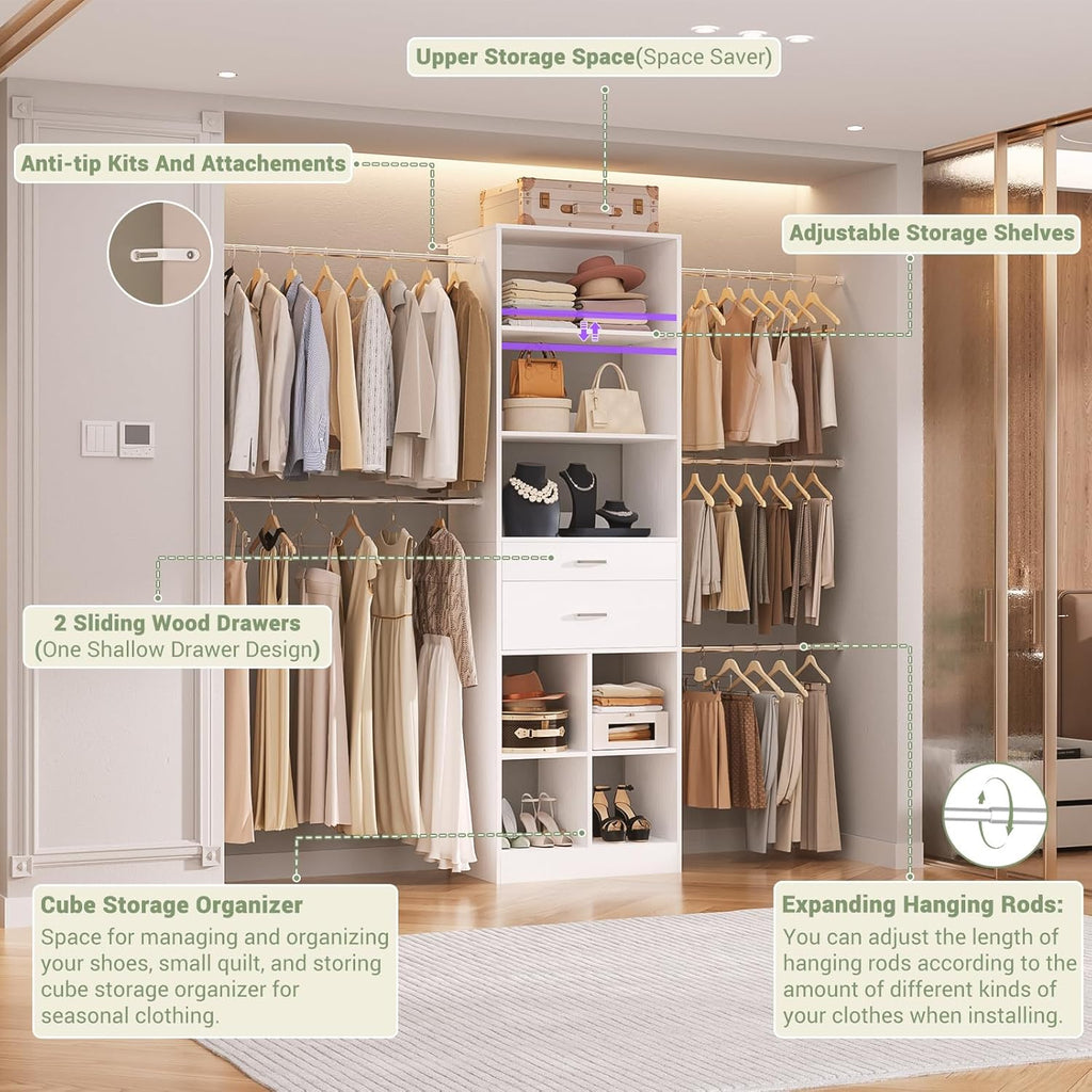 Closet System, 4-8 FT Closet Organizer Tower with 2 Wooden Drawers and 5 Hanging Rods, Can Fit 60 to 96 inch Walk-in