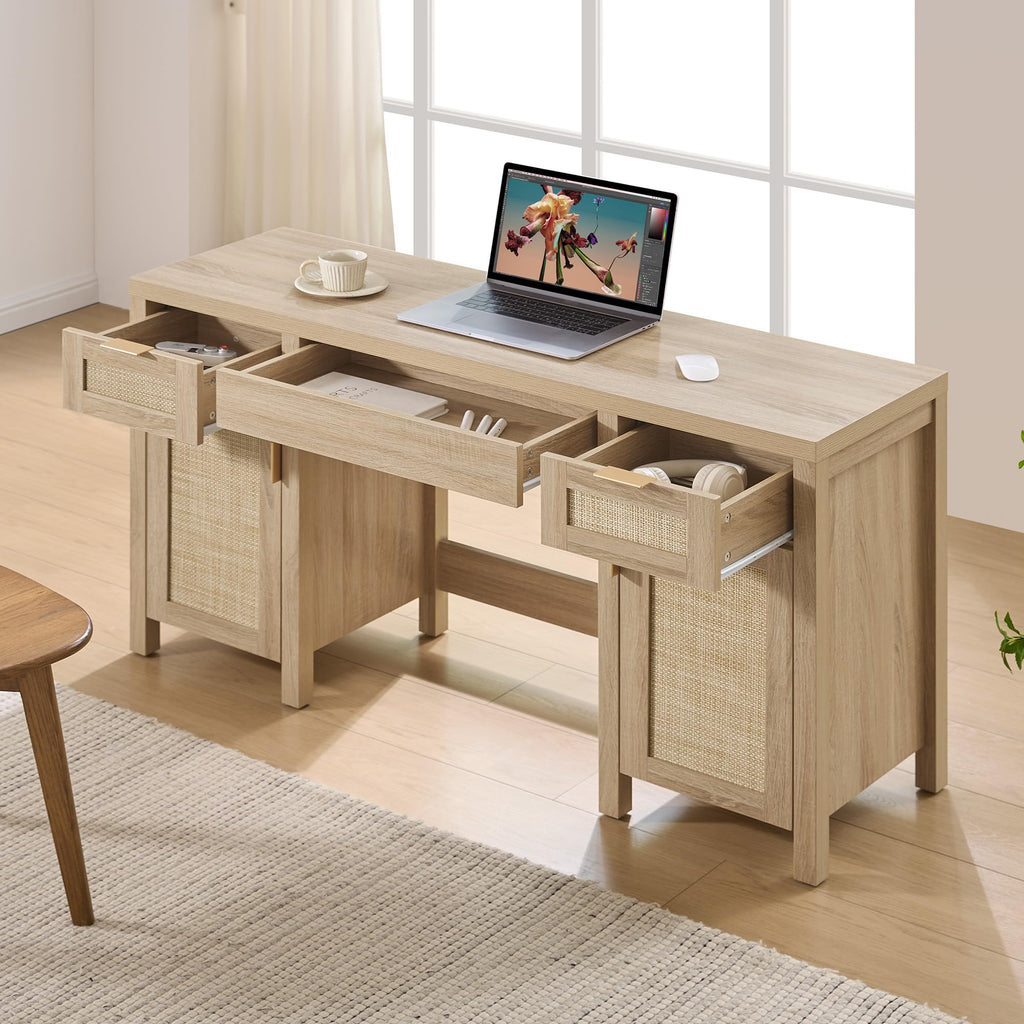 52" Rattan Vanity Desk with 3 Drawers & 2 Cabinets, Vanity Table