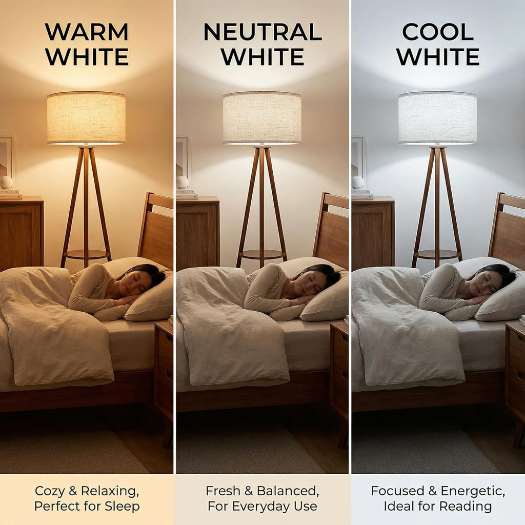 Modern Floor Lamp with White Drum Shade, Wood and Metal Construction, Adjustable Height