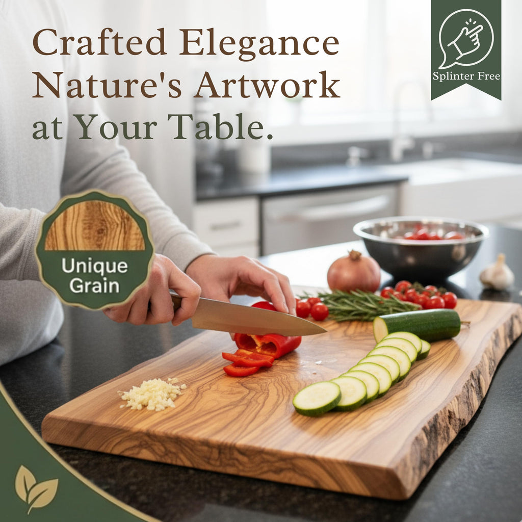 Live Edge Olive Wood Cutting Board 16"L X 7"W X 0.75"TH Rustic Large Wooden Charcuterie Board - Handmade Bread &