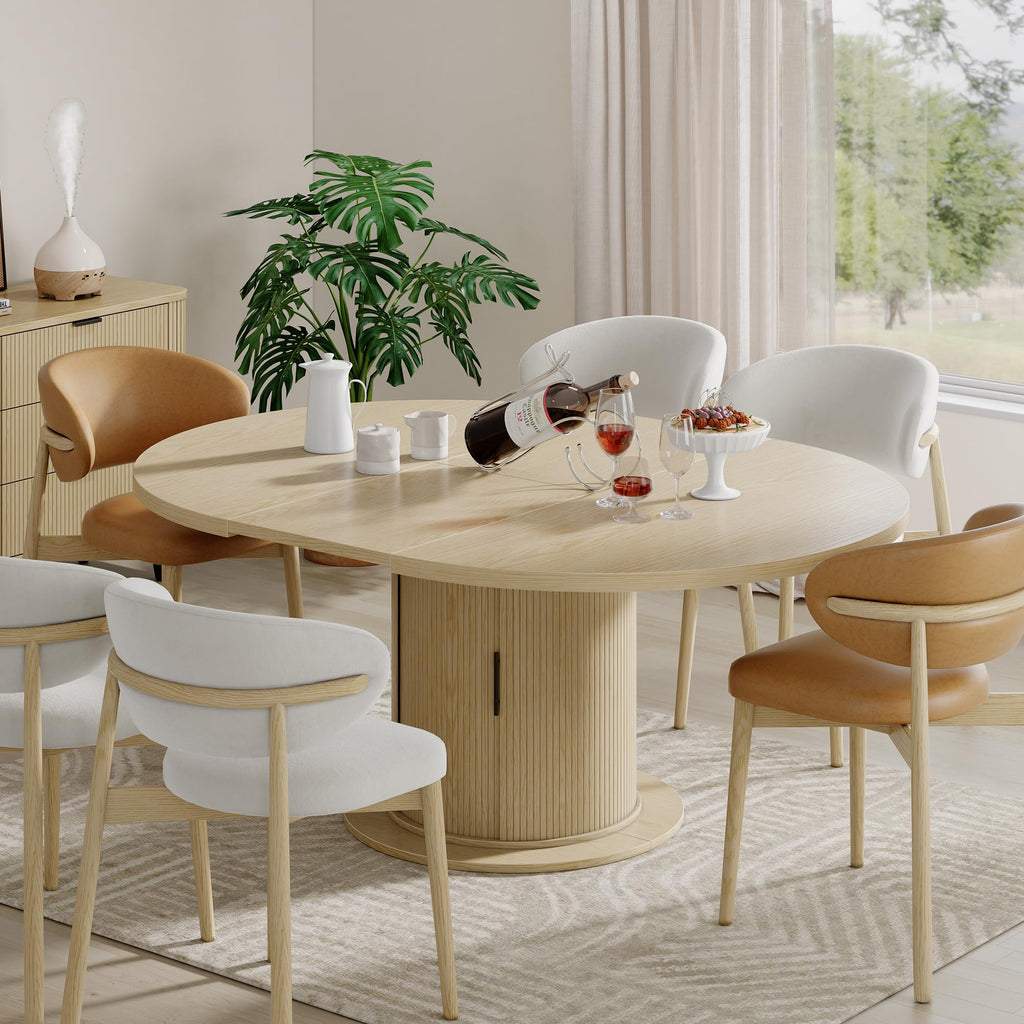 Dining Table for 4-6, 47in-63in Extendable Round Dining Room Table with Storage, Mid Century Modern Farmhouse Wood