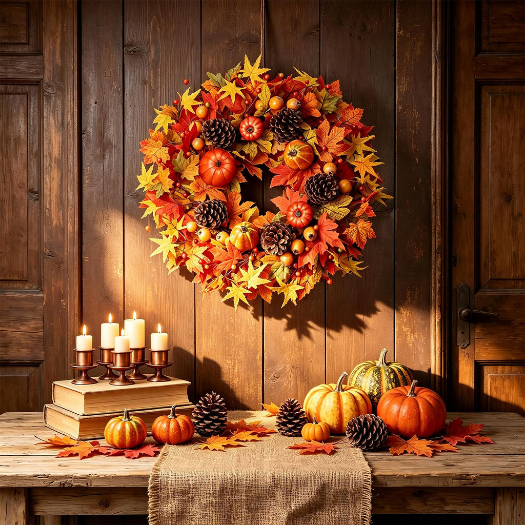 Fall Wreaths for Front Door 24 Inch Fall Wreath with Orange Pumpkins Pinecones Maple Leaves Large Berries Autumn