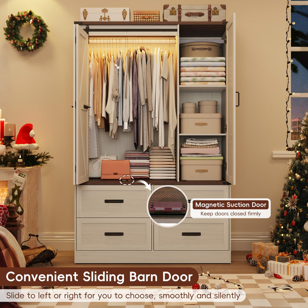 Farmhouse 3-Door Armoire Closet w/Mirror & LED, Antique White