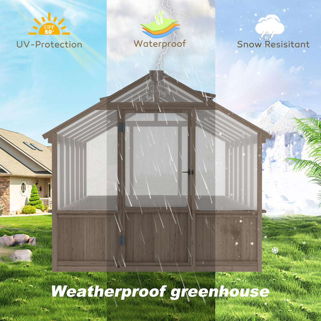 8' x 12' Outdoors Walk-in Greenhouse, Wood Greenhouse with Ventilated Window and Lockable Door, 6mm Polycarbonate