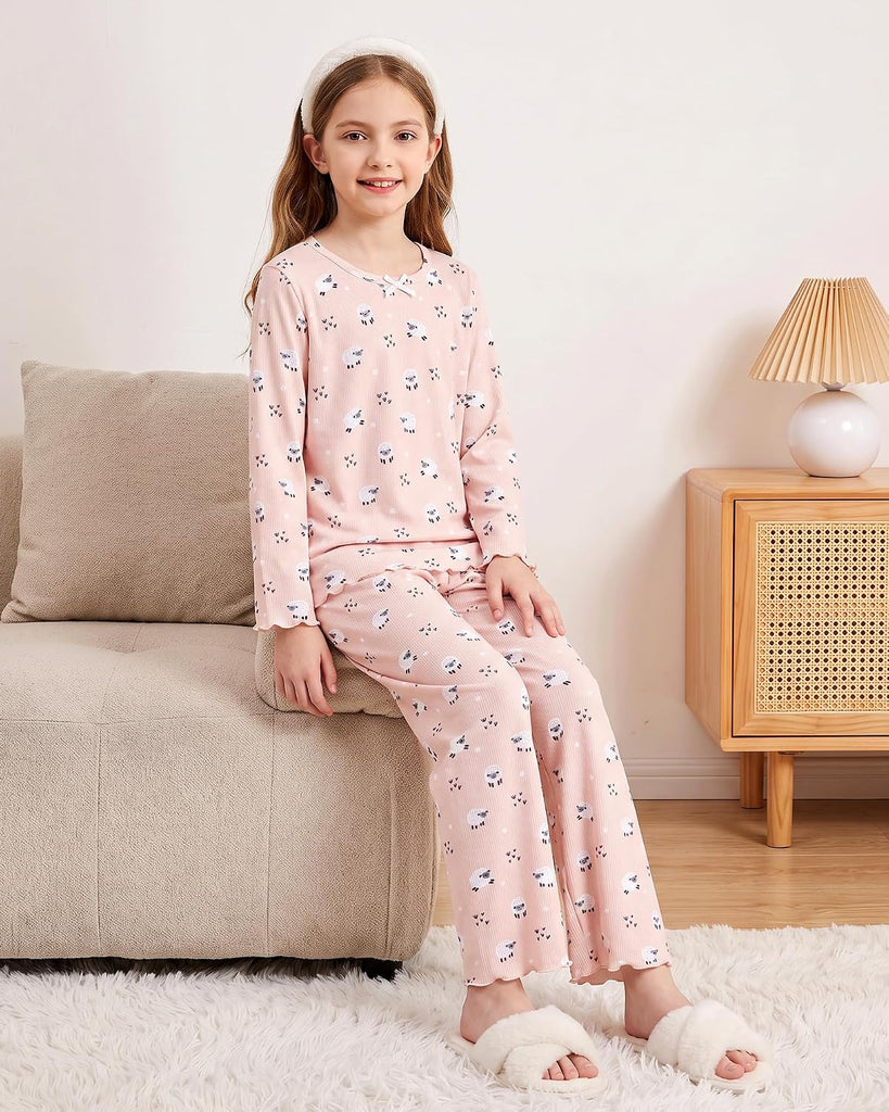 Girls Pajama Set 2pc Soft Stretch Ribbed Kids Loungewear Pjs