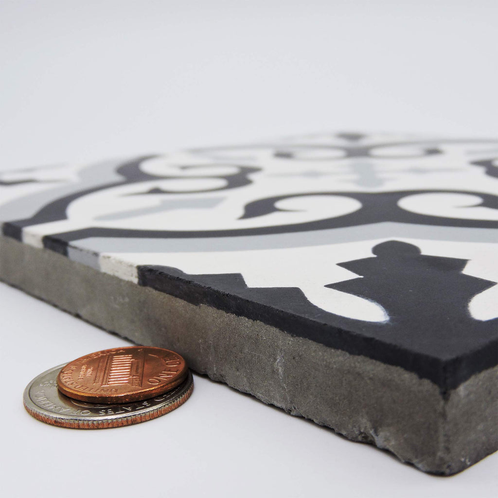 Argana Handmade Cement Tile in Black, Grey, White, 8"x8
