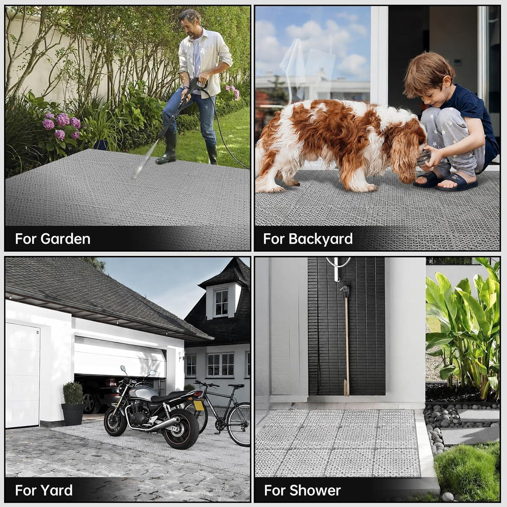 Modular Interlocking Cushion Drainage Floor Tiles, 16-Pack 11.8"x11.8" PVC Raised Non-Slip Interlocking Mats with Drain