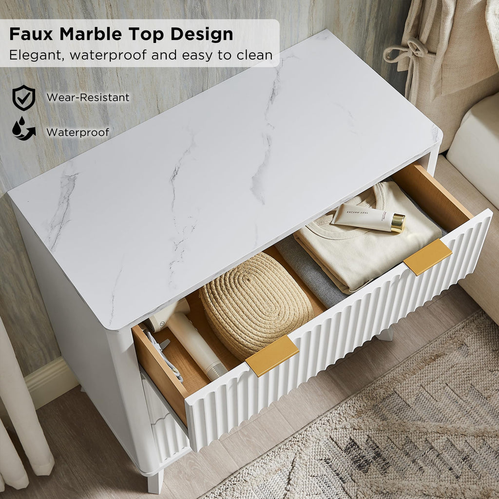 32" Fluted 3 Drawer Dresser, Solid White
