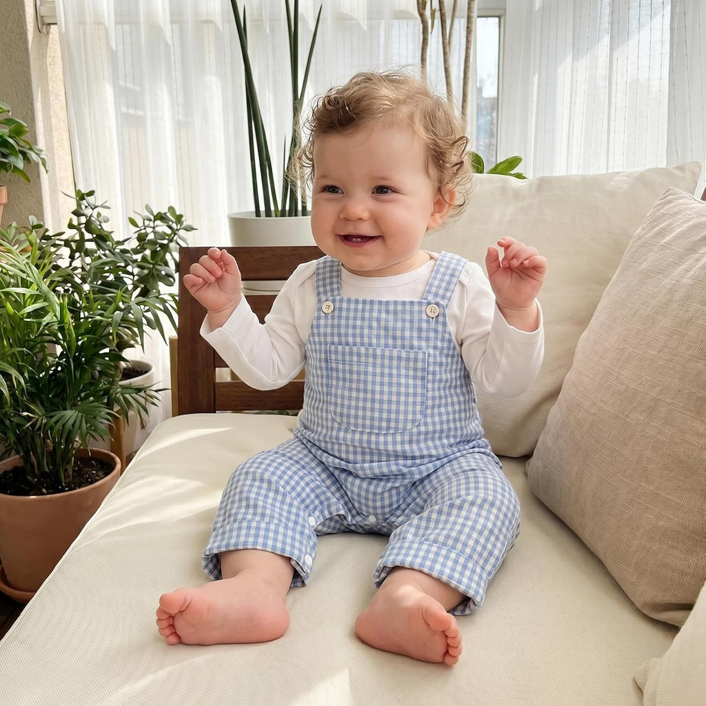 Newborn Infant Baby Boy Clothes Long Sleeve Romper Top Gingham Plaid Overall Pants Hat 3Pcs Fall Winter Outfits Set