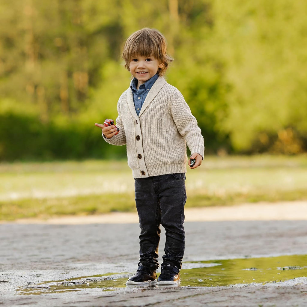 Toddler Boys' Cotton V-Neck Cardigan Sweater, Infant Baby Boys Button up Knitted Sweatshirt for Fall and Winter