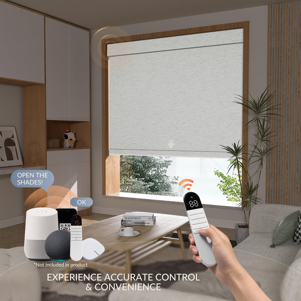 Motorized Roller Blinds with Remote, No Drill Smart Roller Shades for Indoor Windows, Blackout Linen Fabric