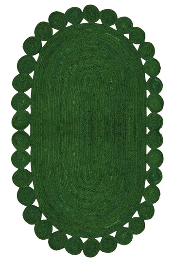 Oval Runner 2.6x4 Kilim Jute Runner Natural Oval Thick 0.27" Solid Design Green Hand Braided Jute Flatweave Mat
