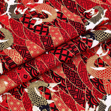 1.1 Yards x 58.3 Inch Red Japanese Fish Wave Cotton Fabrics, Japanese Style Quilting Fabrics Bronzing Printed Design