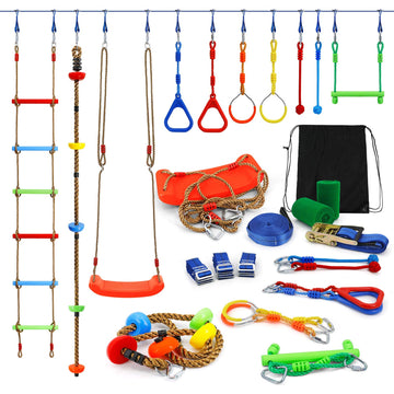Ninja Warrior Obstacle Course Kit for Kids Ninja Slackline with 10 Accessories Monkey Bars, Ladder, Climbing Rope
