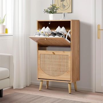 Natural Rattan Shoe Cabinet, 2 Flip Drawer Entryway Organizer