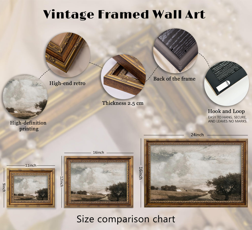 Vintage Framed Country Farm Landscape Path Canvas Wall Art 12x16in