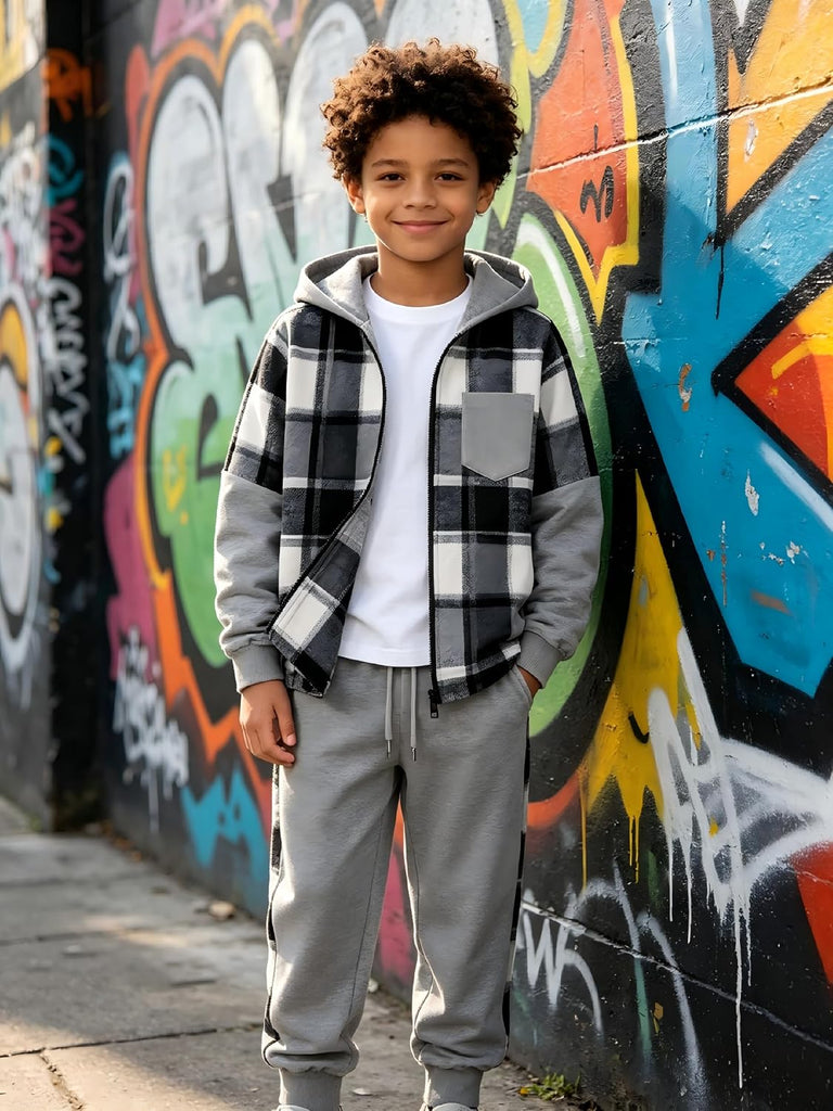 Boys 2‐Piece Sweatsuit Set, Zip‐Up Plaid Patchwork Hoodie Sweatshirt & Pants, Kids Fall Winter Outfits for 7‐