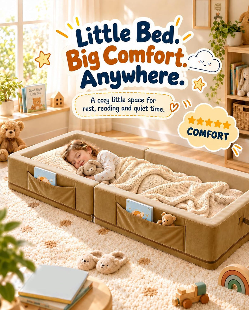 Toddler Portable Travel Bed - Foldable & Washable Floor Bed, Beige