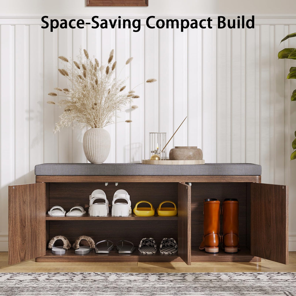 41.3" Shoe Storage Bench with Cushion, Adjustable Shelves, 440lbs, Walnut