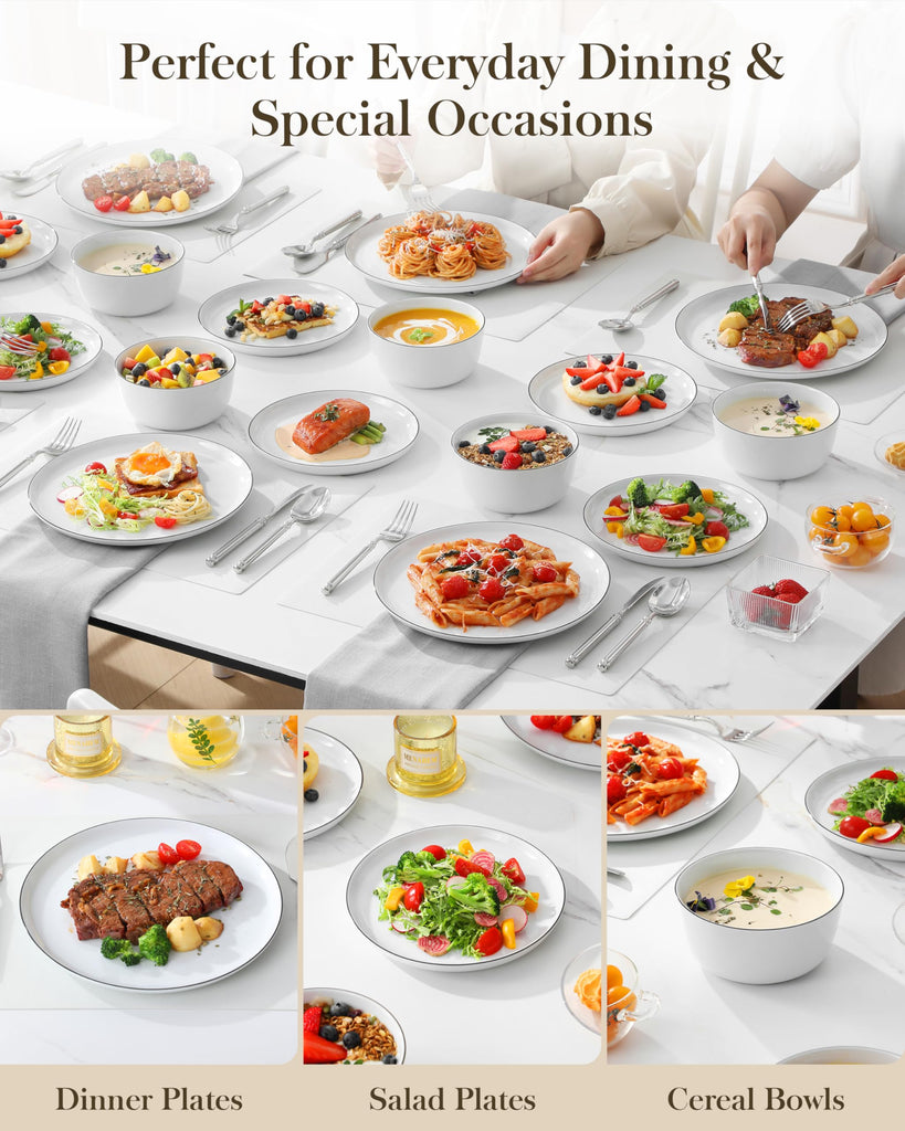 Dinnerware Set for 8, White Black-Rim Porcelain Dishes