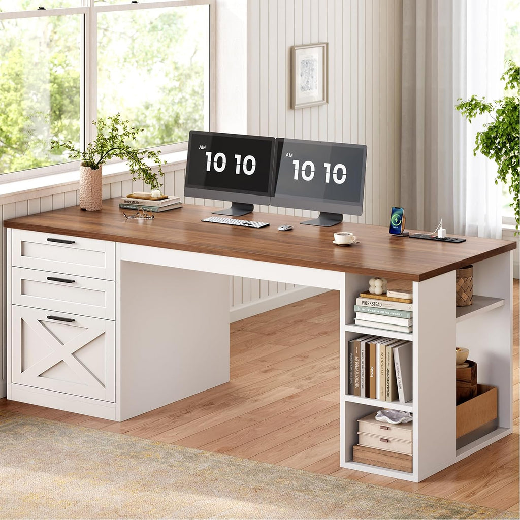 55.1" Farmhouse Office Desk with 3 Drawers, Executive Desk with File Drawer & Storage Shelves