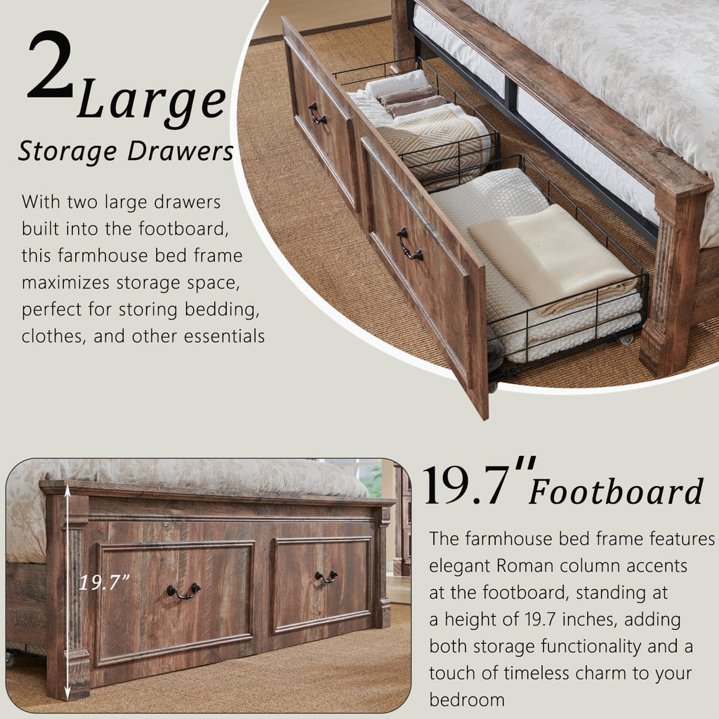 Farmhouse Queen Bed Frame with 51" Tall Headboard, Wood Platform Bed Frame with 20" Tall Roman Column Decoration