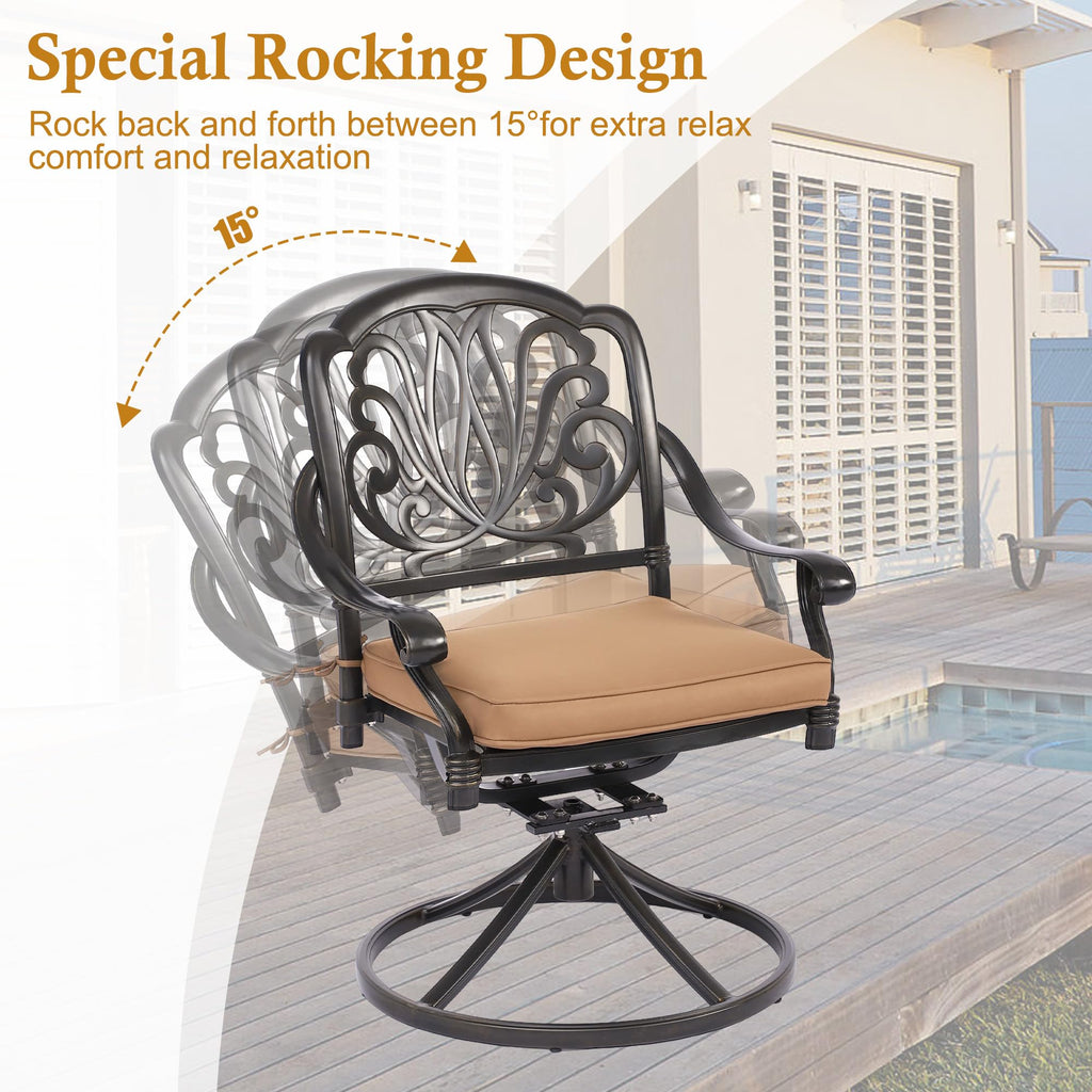 Cast Aluminum Outdoor Swivel Dining Chairs, All-Weather Patio Swivel Rocker Chair Sets with Cushion for Garden