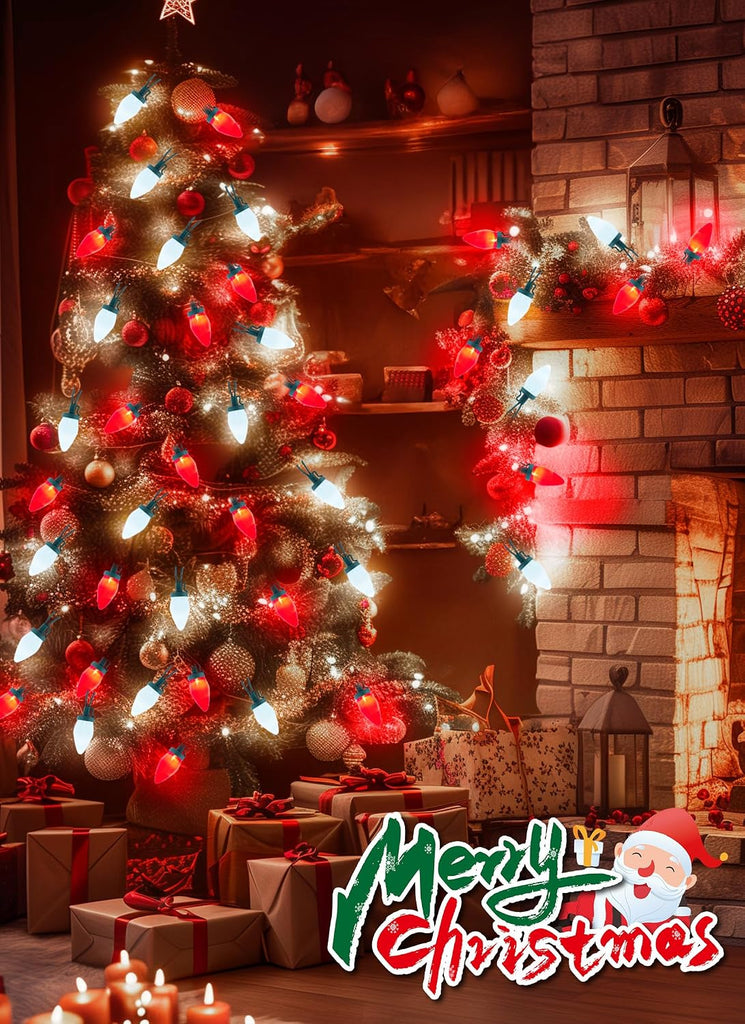 50FT C9 Christmas Lights Outdoor, Green Wire (Red & Pure White)