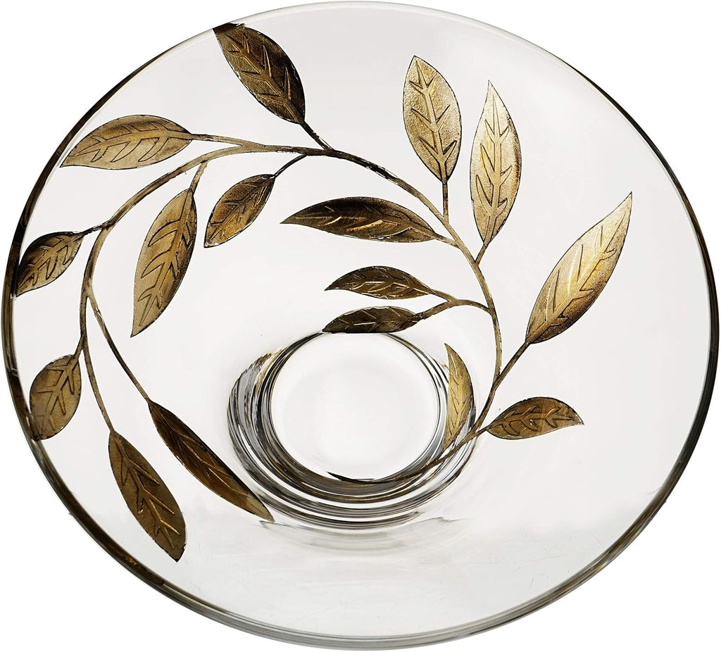 Decorative Glass Bowl Fruit Display - Etched, Hand Painted Leaves Decor - Mouth Blown Clear Glass - Large Salad