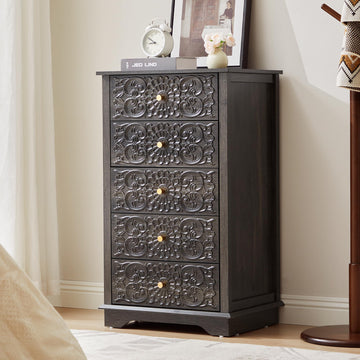 5 Drawer Dresser, 20"W Narrow Chest of Drawers, Black-Brown